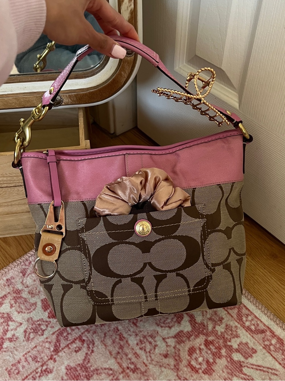 Coach Hobo Bag Medium Pink Khaki Signature Monogram Satin Leather 11957 - Picture 2 of 16